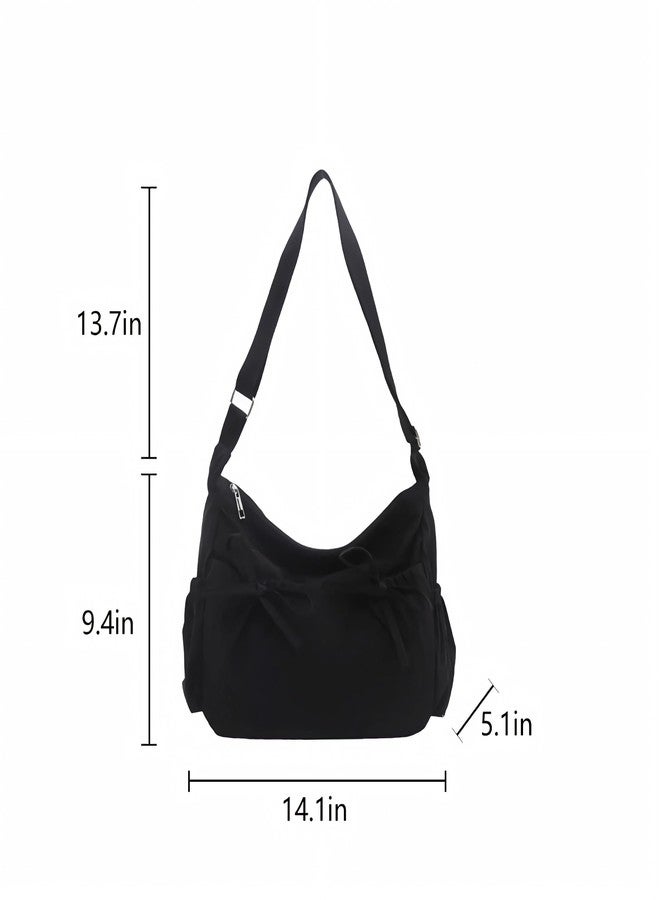 Winatehr black bow messenger bag for women, multi pocket nylon crossbody bags, cute y2k kawaii large shoulder bag, coquette college aesthetic trendy everyday purse - Image 3